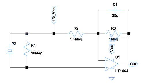 壓力傳感器電路使用壓電元件為傳感器的輸出原理(圖1)